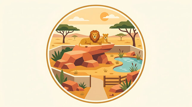 A pair of lions resting on a rock formation in a zoo enclosure