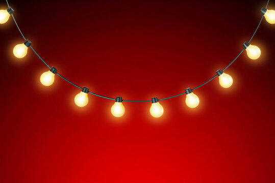 Glowing string lights on a vibrant red background for festive holiday celebration decor.