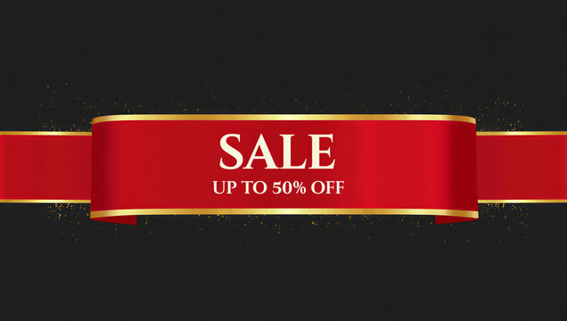 Red sale banner with gold trim on black background for retail marketing promotion