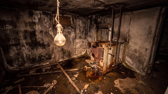 Grungy, abandoned basement with a rusty boiler, dripping water, and a bare light bulb overhead.