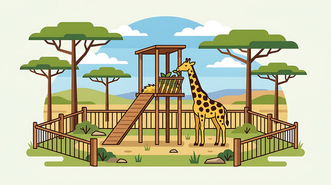 Giraffe inside a zoo enclosure with a wooden feeding platform