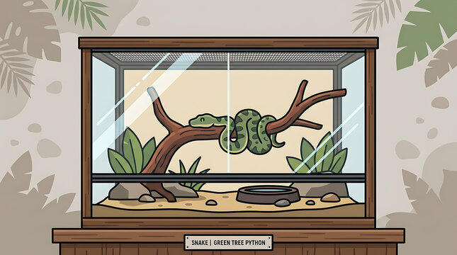 Green tree python resting on a branch inside a glass terrarium enclosure