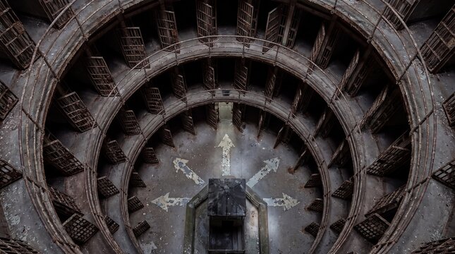 Interior of a decaying panopticon prison structure, aerial view of cells and walkways, representing surveillance and confinement.
