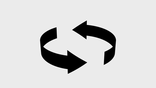 A of two solid black arrows forming a continuous circular loop or cycle against a plain light gray background, symbolizing repetition, refresh, and cyclical processes