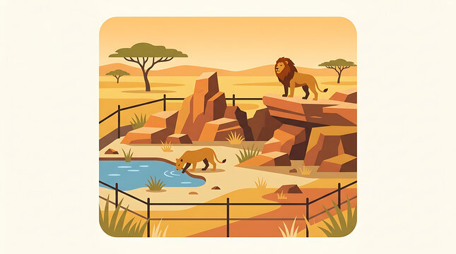 Lion and lioness at a water hole in a zoo enclosure