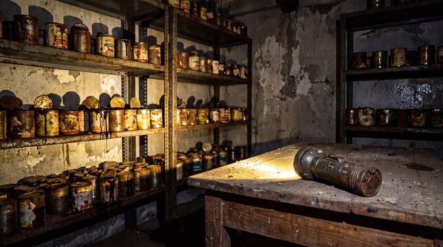 Old Flashlight Illuminates Dusty Shelves of Rusty Canned Food in Abandoned Shelter
