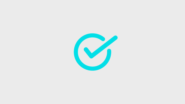 A minimalist cyan circular checkmark with a clean outline and a distinct tick symbol inside a curved bracket shape on a plain light gray background representing completion, success, or confirmation