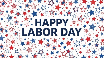Obraz premium Happy labor day greeting card with red and blue stars pattern isolated on white background