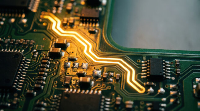 Strategic navigation through glowing circuit paths creates precise digital route across detailed electronic board with technical depth and wonder
