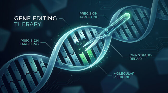 Gene editing therapies concept with glowing DNA strand, precision targeting, molecular medicine, and genetic repair