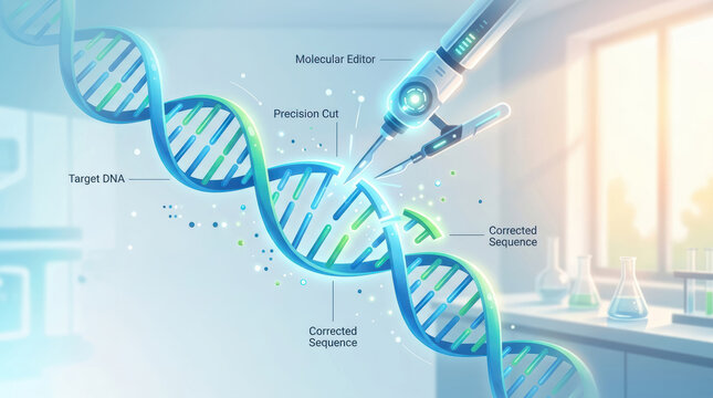 Gene editing therapies concept with molecular editor and corrected DNA sequence in bright laboratory setting
