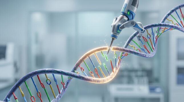 Gene editing therapy with robotic precision advances medical research through glowing DNA in modern laboratory setting