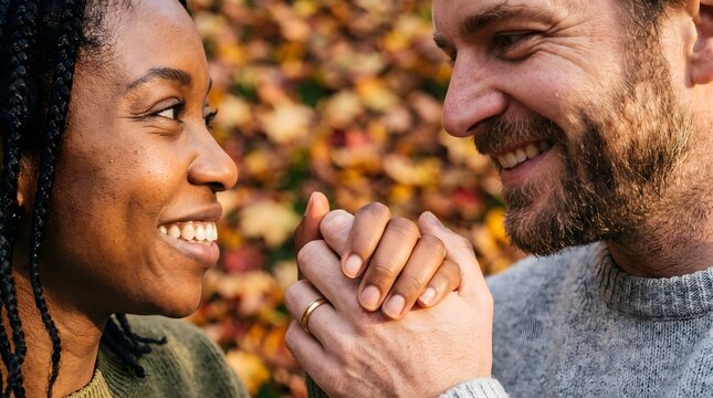Happy multiethnic couple holding hands and smiling lovingly in an autumn park with colorful fall foliage