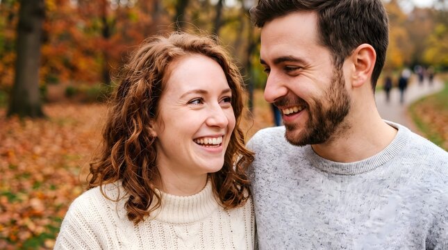 Happy young couple smiling and looking at each other during an autumn walk in the park