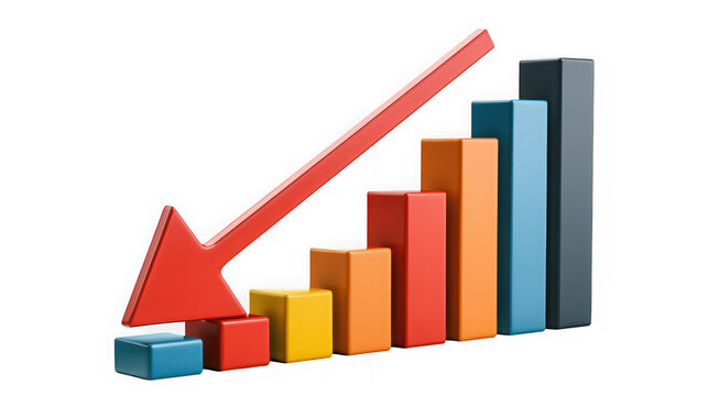 A red arrow pointing down over a colorful bar chart