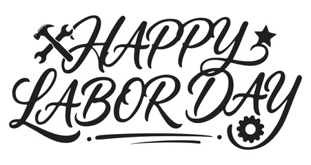 Naklejka premium Happy Labor Day calligraphy lettering banner with tool icons isolated on white background.