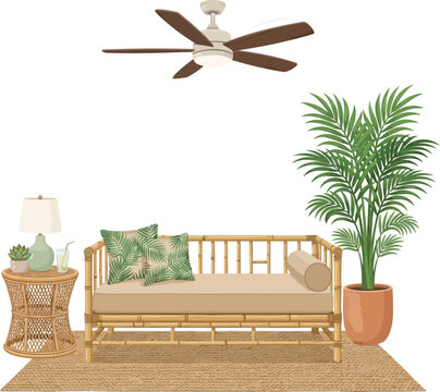Tropical bamboo furniture set, rattan daybed with palm plant and ceiling fan, coastal living room interior vector illustration