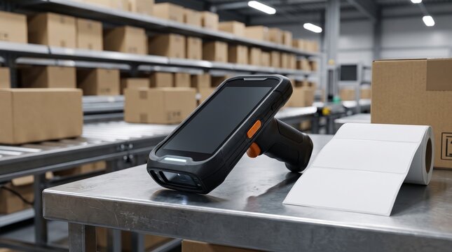 Handheld Barcode Scanner on Warehouse Packing Table with Shipping Labels