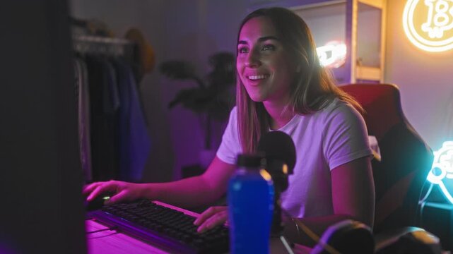 Woman at keyboard with microphone raising both arms in a streaming studio celebrating a game win; victory joy.