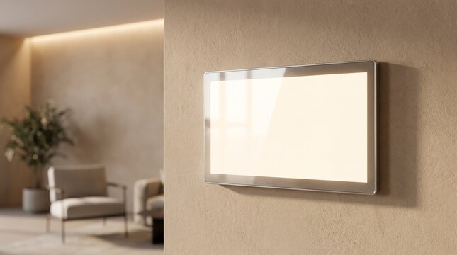 Modern Blank Wall Mounted Digital Display Screen in Minimalist Living Room Interior