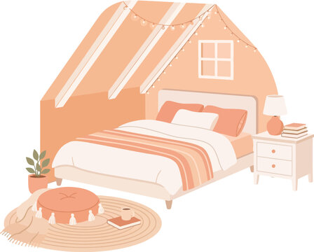 Cozy attic bedroom vector illustration, warm peach interior with bed and sloped ceiling, aesthetic home decor flat design