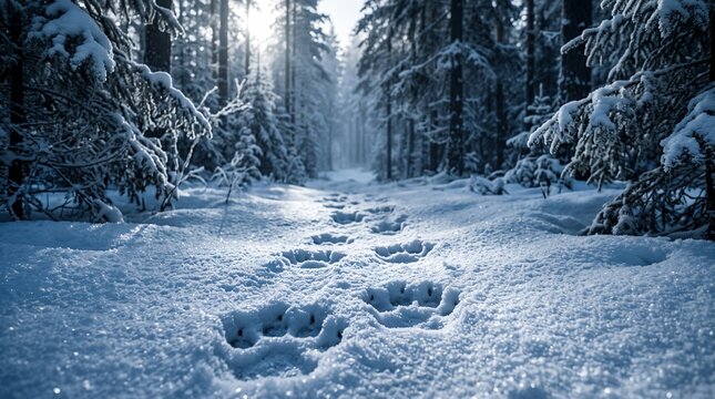 Animal tracks in deep snow leading into a quiet sunlit pine forest during winter