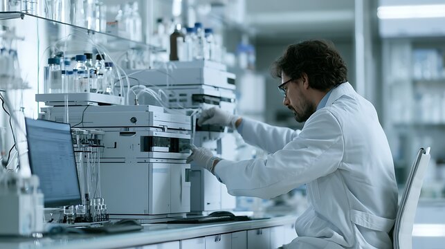 Lab pharmaceutical quality control laboratory, analyst in white lab coat and gloves performing HPLC analysis, liquid chromatography instrument running sample sequence beside workstation, pharmacopeia 