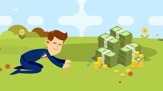 2D Animated Desperate Man Crawling on Grass Towards Stack of Money Cash Stack Flat Vector Character Animation Footage