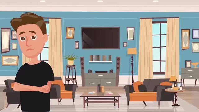 2D Animated Young Man Standing in Spacious Modern Living Room Interior Scene Flat Vector Character Animation Footage