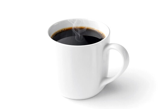 Steaming hot black coffee in a white ceramic mug isolated on transparent background
