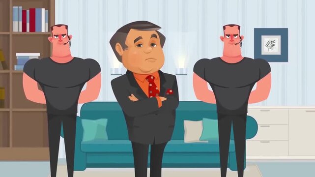 2D Animated Executive Boss Standing in Office Flanked by Two Strong Bodyguards Flat Vector Character Animation Footage