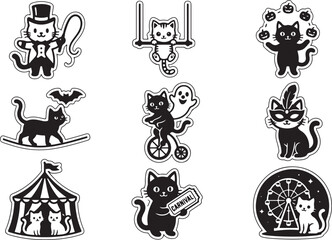 Fototapeta premium Collection of cute black cat characters in carnival and circus themes, featuring various halloween activities and playful poses on white background