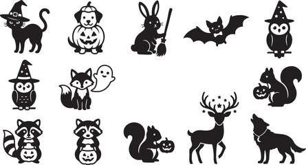 Obraz premium Collection of cute halloween animal silhouettes including cats, pumpkins, bats, owls, foxes, raccoons, and deer for holiday projects