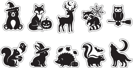 Obraz premium Set of black and white stickers featuring various forest animals in halloween costumes and spooky themes isolated on white background