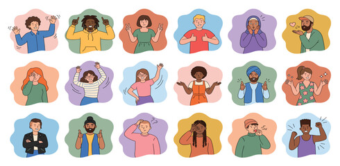 Fototapeta premium People peeking and looking out, set. Happy smiling curious characters waving hi with hand, presenting, showing gestures, pointing with finger. Flat vector illustrations isolated on white background