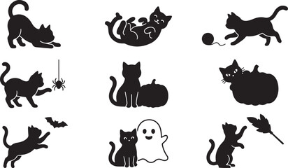 Obraz premium Set of black cat silhouettes in various playful poses, interacting with pumpkins, a spider, a bat, a ghost, and a ball of yarn on white background