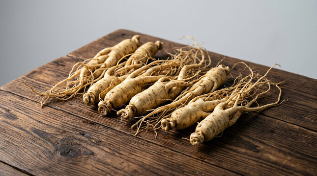 Fresh Raw Ginseng Roots on Rustic Wooden Surface