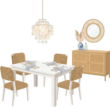 Coastal dining room vector illustration, boho chic interior with rattan chairs and capiz shell chandelier, elegant white wooden table set