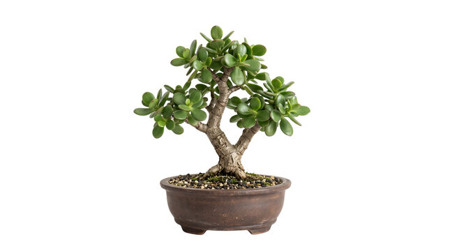 Jade plant bonsai tree in ceramic pot, succulent money tree houseplant on white background, indoor crassula ovata greenery