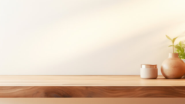 Empty wooden table and shelf with a vase and small jar. Copy space for text. Warm sunlight on the wall.