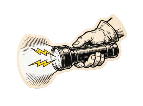 Hand holding glowing flashlight vintage illustration as isolated on transparent background