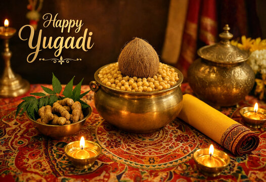 Traditional Yugadi festival celebration with coconut turmeric chickpeas and lit lamps on decorative cloth