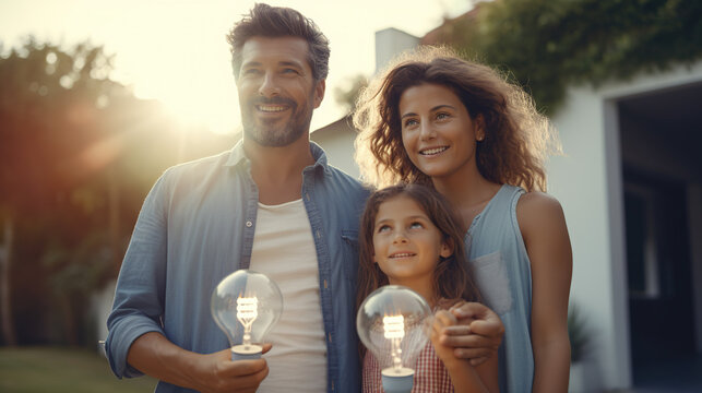 family holding light bulb, happy smile and sunset background