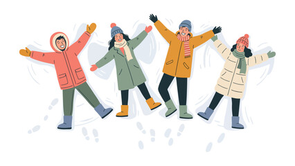 Obraz premium Group of friends making snow angels in winter clothes.