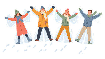 Obraz premium Group of friends making snow angels together during a joyful winter day.