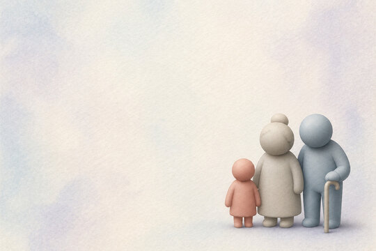 Aging population and declining birthrate concept with three clay family figures on soft paper with copy space