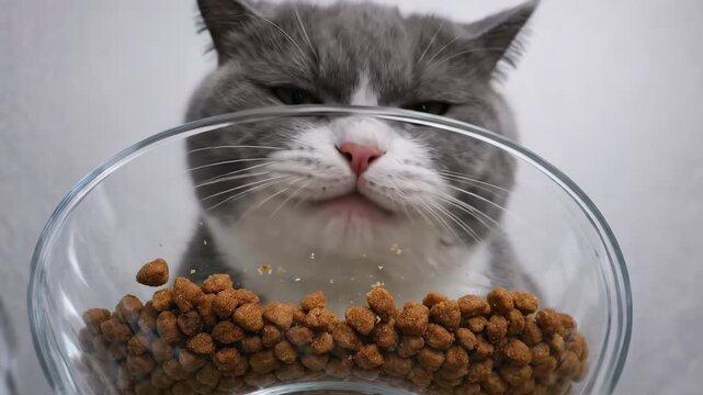 Funny hungry British shorthair cat looking through transparent glass bowl filled with dry food kibbles, waiting for meal, pet nutrition, feeding time concept, domestic animal portrait with copy space