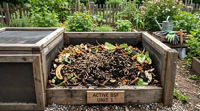 Outdoor Wooden Active Black Soldier Fly Composting Unit Bin in Garden