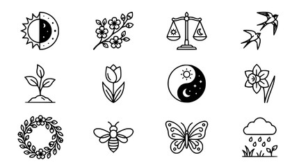Fototapeta premium Nature Icons Set: Sun, Moon, Flowers, Birds, Bee, Butterfly, Yin Yang, Balance