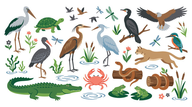 Florida everglades swamp birds and wild animals flat clip art.